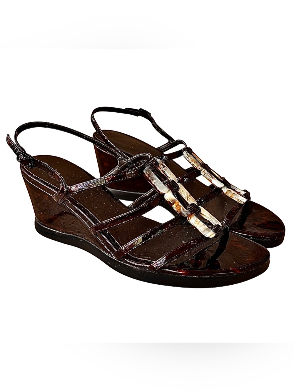 STUART WEITZMAN Tortoise Shell Patent Leather Wedge Sandals